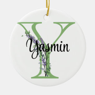 Alphabet letter Y, watercolor Lavender botanical Ceramic Tree Decoration