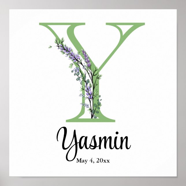 Alphabet letter Y watercolor Lavender Eucalyptus  Poster (Front)