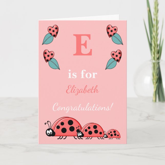 Alphabet name new baby cute ladybirds pink card (Front)