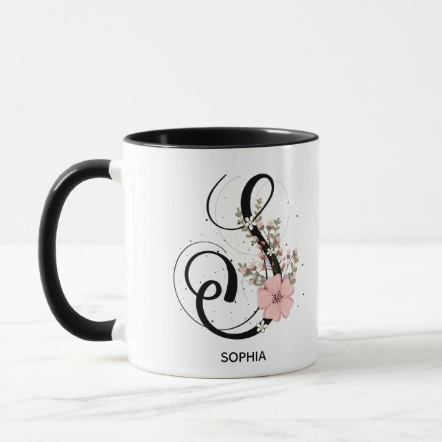 Alphabet Script Letter S Floral Monogram Flower Mug (Left)