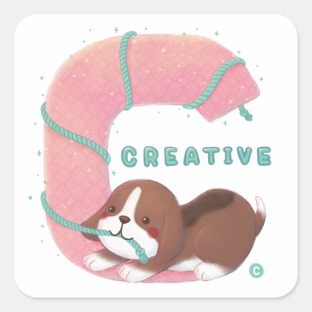 Alphabet Series: "C" Creative Beagle Illustration Square Sticker (Front)