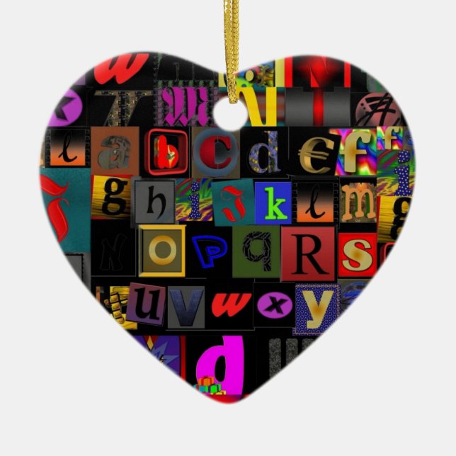 Alphabet Soup, mosaic letters design, fun colourfu Ceramic Tree Decoration (Front)