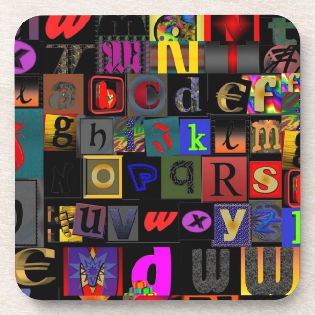 Alphabet Soup, mosaic letters design, fun colourfu Coaster (Front)