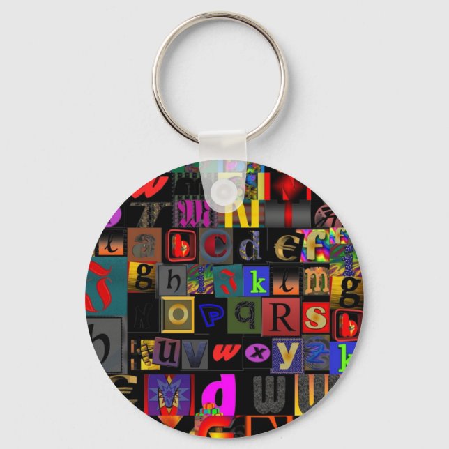 Alphabet Soup, mosaic letters design, fun colourfu Key Ring (Front)