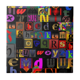 Alphabet Soup, mosaic letters design, fun colourfu Tile