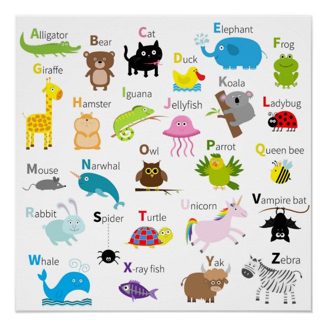 Alphabet with animal pictures and letters poster (Front)