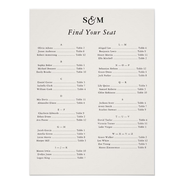 Alphabetical Classic Monogram Ivory Seating Chart (Front)