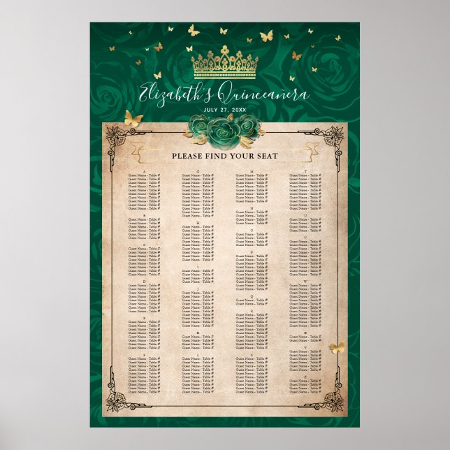 Alphabetical Green and Gold Elegant Roses Seating Poster (Front)