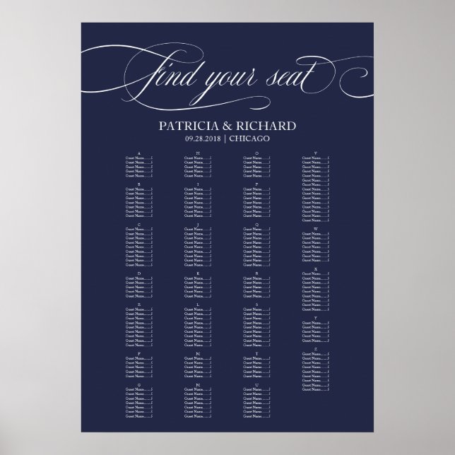 Alphabetical Navy Blue Wedding Seating Chart (Front)