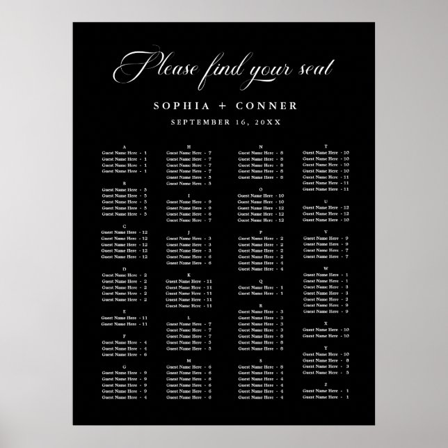Alphabetical Order Black Wedding Seating Chart  (Front)