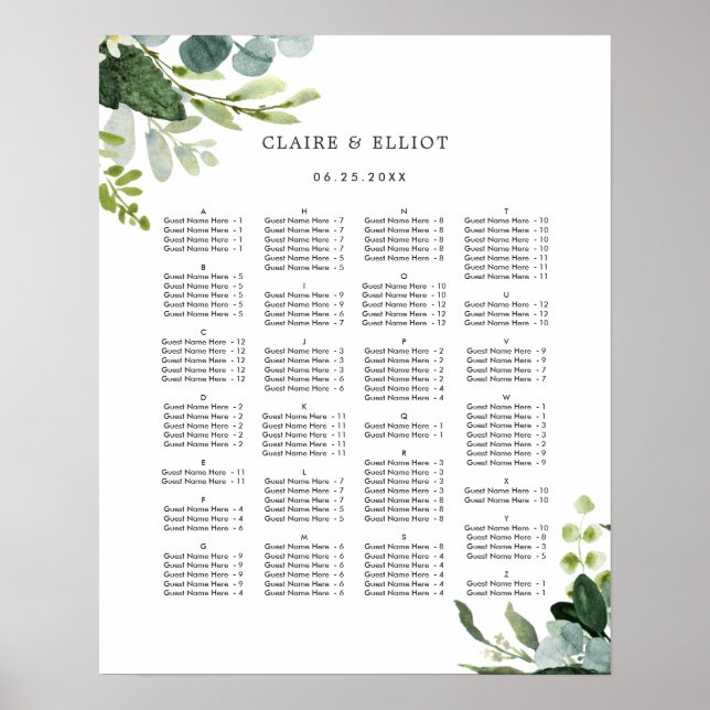 ALPHABETICAL ORDER Greenery Wedding Seating Chart (Front)