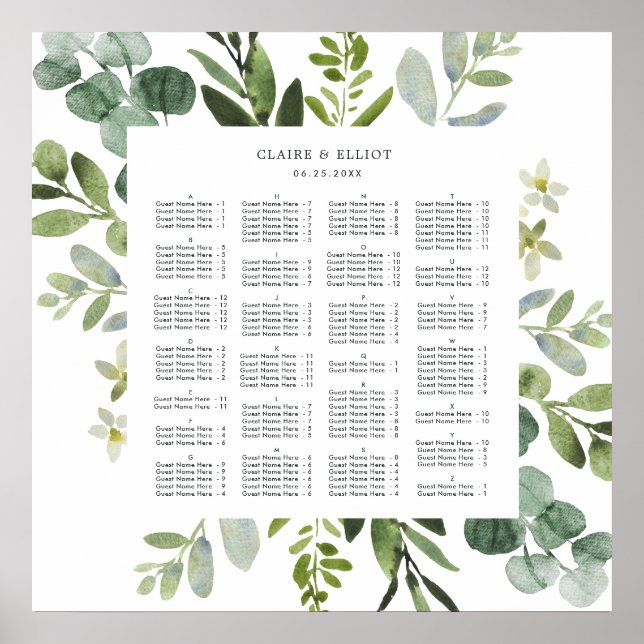ALPHABETICAL ORDER Greenery Wedding Seating Chart (Front)