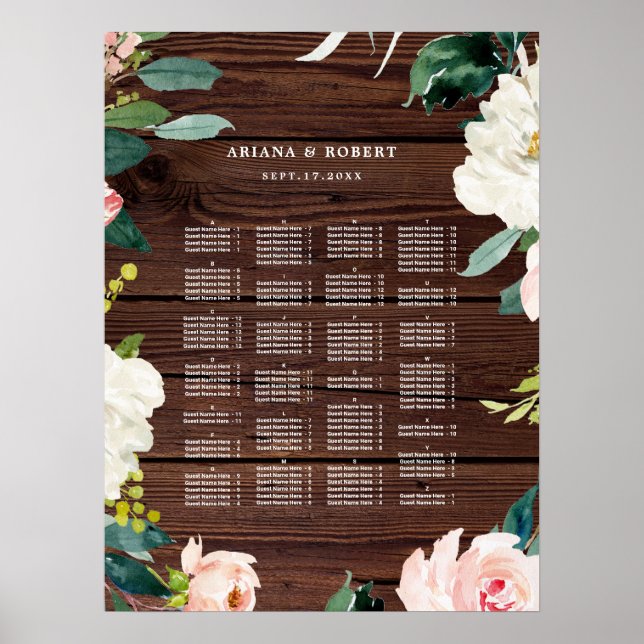 ALPHABETICAL Order Rustic Wood Seating Chart (Front)