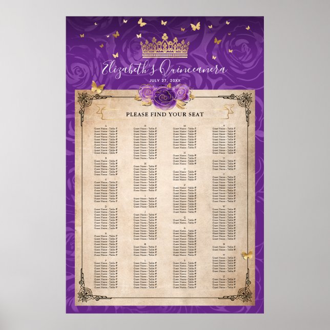 Alphabetical Purple Lavender Gold Roses Seating Poster (Front)