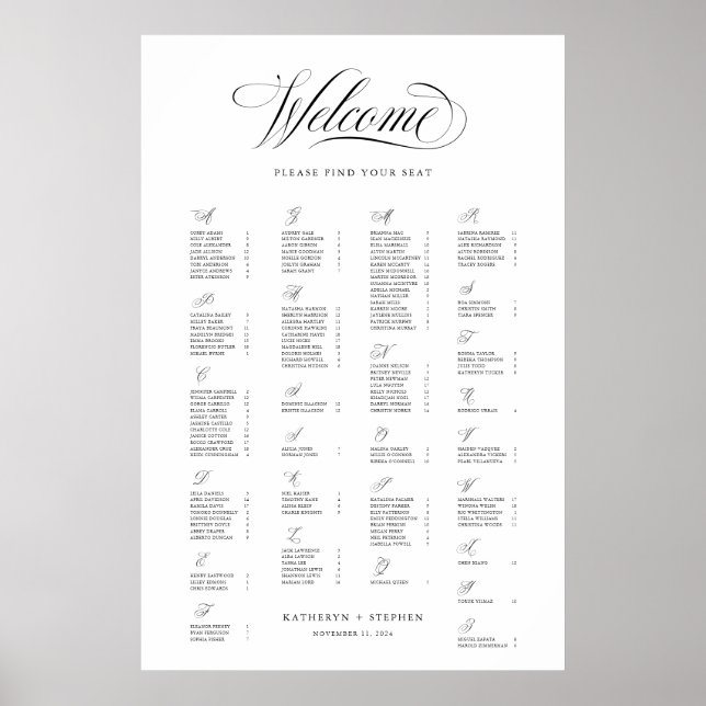 Alphabetical Seating Chart Sign Elegant Wedding (Front)