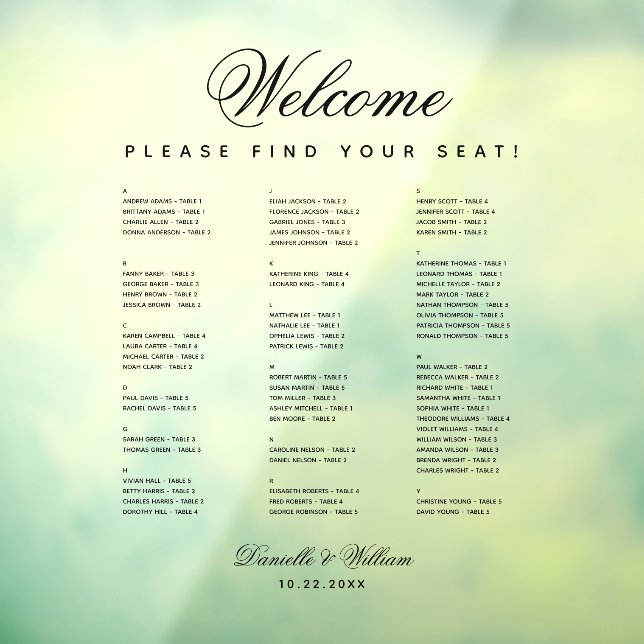 Alphabetical Transparent Wedding Seating Chart  (Sheet 3)