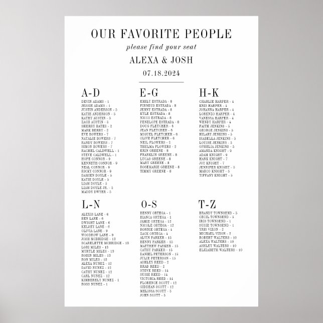 Alphabetical Wedding Seating Chart Simple (Front)