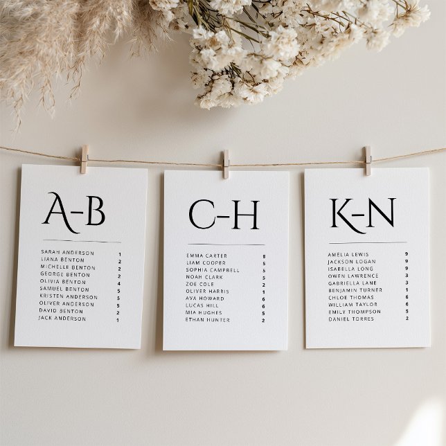 Alphabetical Wedding Seating Individual Card (Minimalist Black and White Individual Cards Seating Chart)