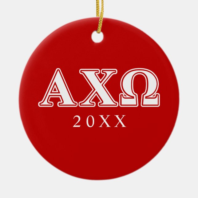 Alphi Chi Omega White and Red Letters Ceramic Tree Decoration (Front)