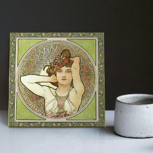 Alphonse Mucha Amethyst Green Art Nouveau Vintage Tile