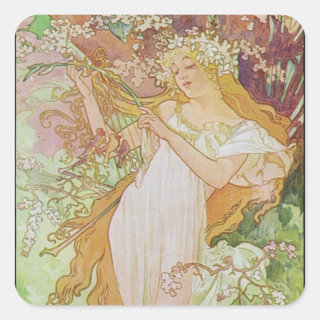Alphonse Mucha Art Deco Square Sticker (Front)