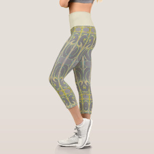 Alphonse Mucha art nouveau abstract art grey yello Capri Leggings