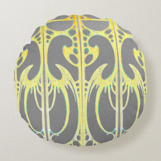 Alphonse Mucha art nouveau abstract art grey yello Round Cushion (Front)