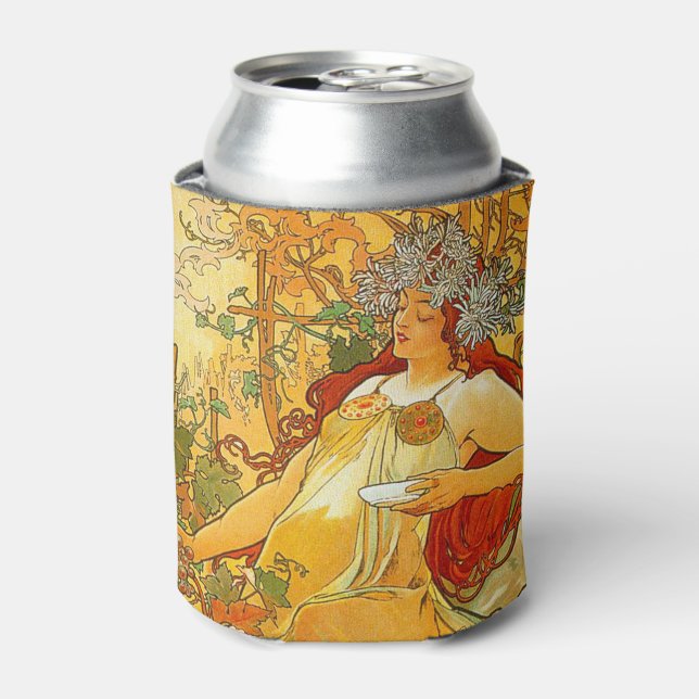 Alphonse Mucha Art Nouveau Autumn Can Cooler (Can Front)