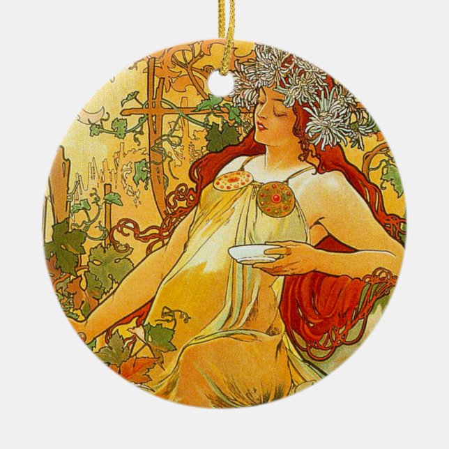Alphonse Mucha Art Nouveau Autumn Ceramic Tree Decoration (Front)