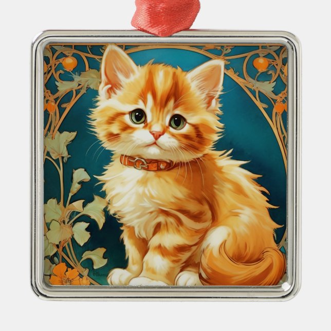 Alphonse Mucha Art Nouveau Cat Metal Tree Decoration (Front)