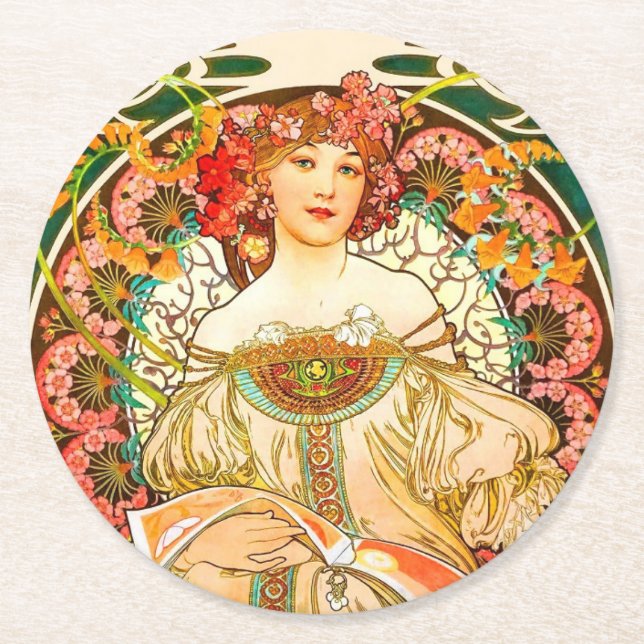 Alphonse Mucha Art Nouveau Daydream Round Paper Coaster (Front)