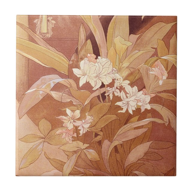 Alphonse Mucha Art Nouveau Floral Detail Tile (Front)