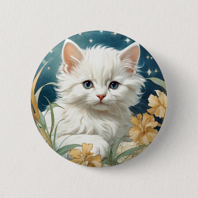 Alphonse Mucha Art Nouveau Kitten 6 Cm Round Badge (Front)