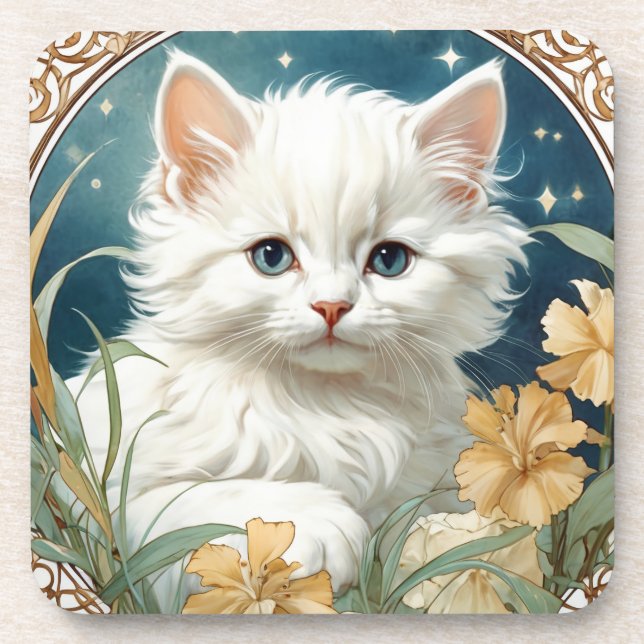 Alphonse Mucha Art Nouveau Kitten Coaster (Front)