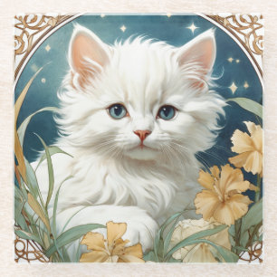 Alphonse Mucha Art Nouveau Kitten Glass Coaster