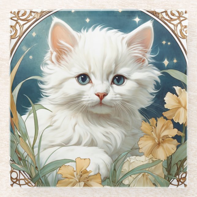 Alphonse Mucha Art Nouveau Kitten Glass Coaster (Front)