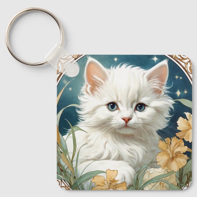 Alphonse Mucha Art Nouveau Kitten Key Ring (Front)