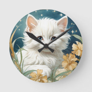 Alphonse Mucha Art Nouveau Kitten Round Clock