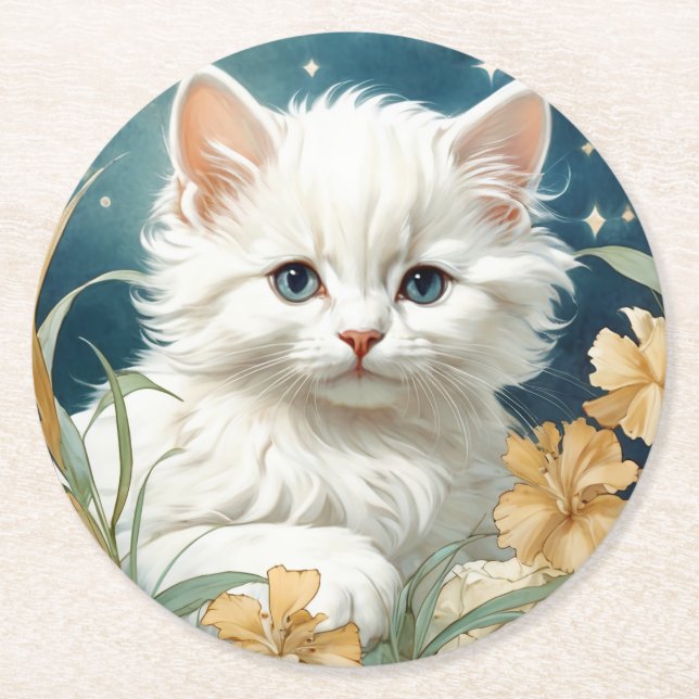 Alphonse Mucha Art Nouveau Kitten Round Paper Coaster (Front)