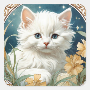 Alphonse Mucha Art Nouveau Kitten Square Sticker