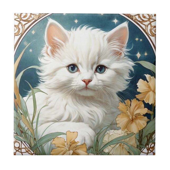Alphonse Mucha Art Nouveau Kitten Tile (Front)