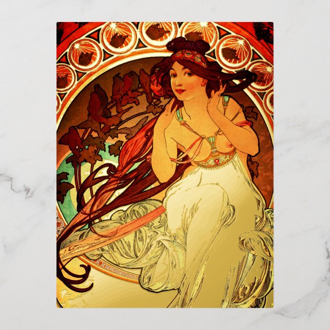 Alphonse mucha art nouveau music muse foil holiday postcard (Front)