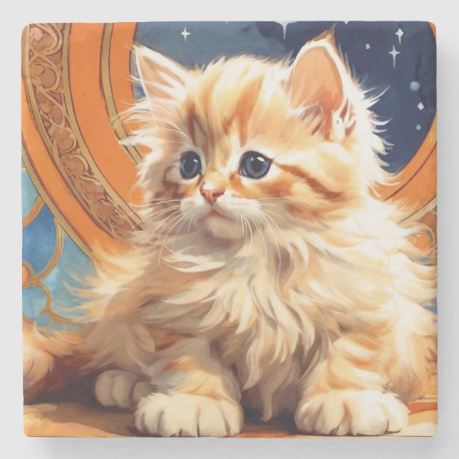 Alphonse Mucha Art Nouveau Orange Cat Stone Coaster (Front)