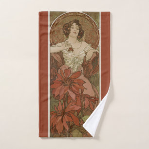 Alphonse Mucha Art Nouveau Ruby Vintage Floral Hand Towel