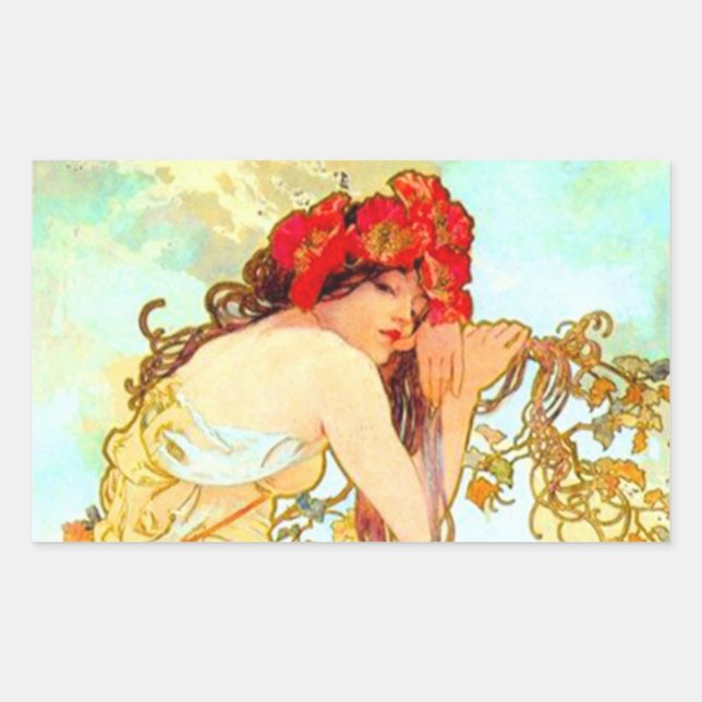 Alphonse Mucha Art Nouveau Summer Rectangular Sticker (Front)