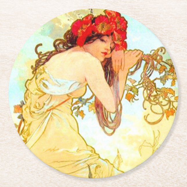 Alphonse Mucha Art Nouveau Summer Round Paper Coaster (Front)
