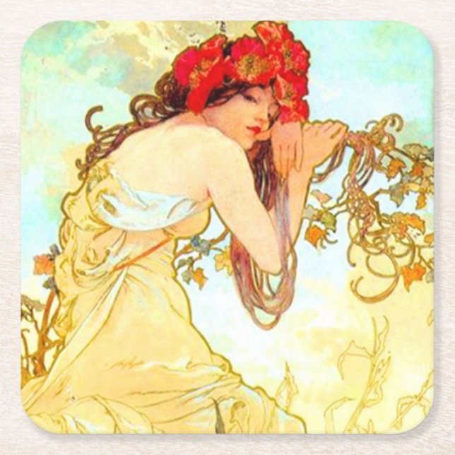 Alphonse Mucha Art Nouveau Summer Square Paper Coaster (Front)