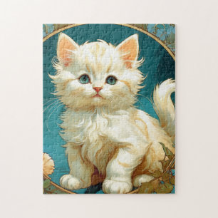 Alphonse Mucha Art Nouveau White Cat Jigsaw Puzzle
