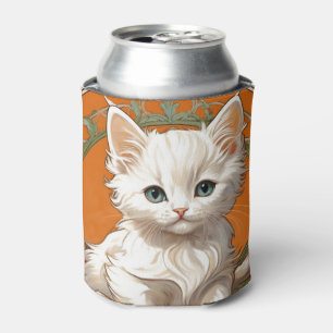 Alphonse Mucha Art Nouveau White Kitten Can Cooler