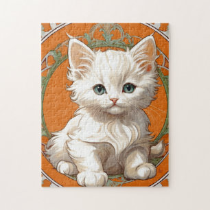 Alphonse Mucha Art Nouveau White Kitten Jigsaw Puzzle